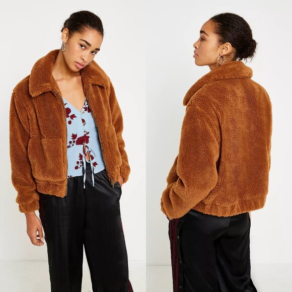 URBAN OUTFITTERS Teddy Cropped Jacket in Light Brown (Large) - Picture 1 of 13